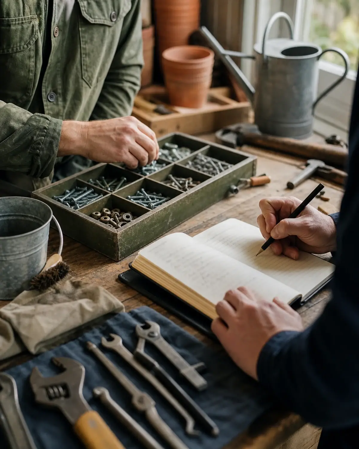 Hands organizing maintenance hardware and updating a paper service record at a workbench.
