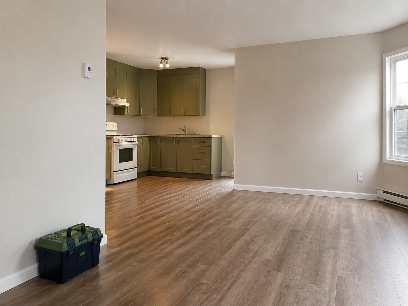 Clean Kitchener rental unit with maintained walls, trim and cabinet hardware, ready for move-in.