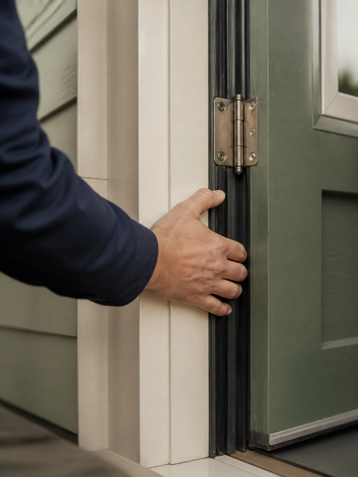 Worker checking front-entry door hardware and a weather seal during routine property maintenance.