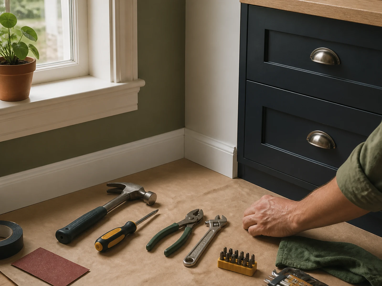 Organized tools beside completed cabinet-hardware and painted-trim repairs.