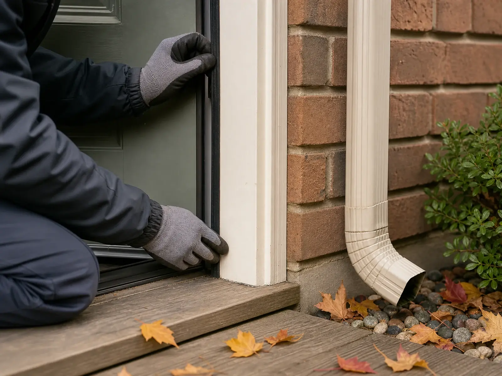 Seasonal inspection of an exterior weather seal and drainage beside a modest Ontario townhouse.