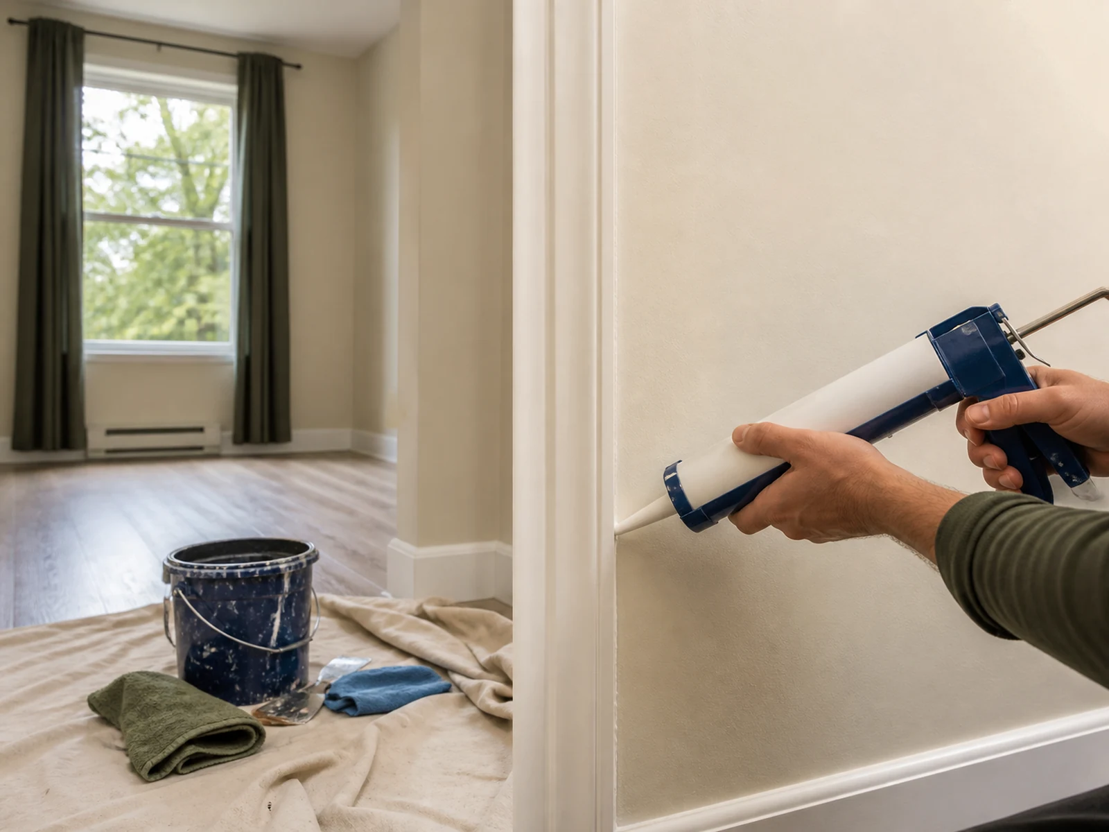 Small trim repair underway in a clean empty rental unit prepared for turnover.